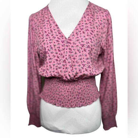 Daisy & Delilah Pink Cropped V Neck Smocked Blouse Size M - Picture 6 of 8